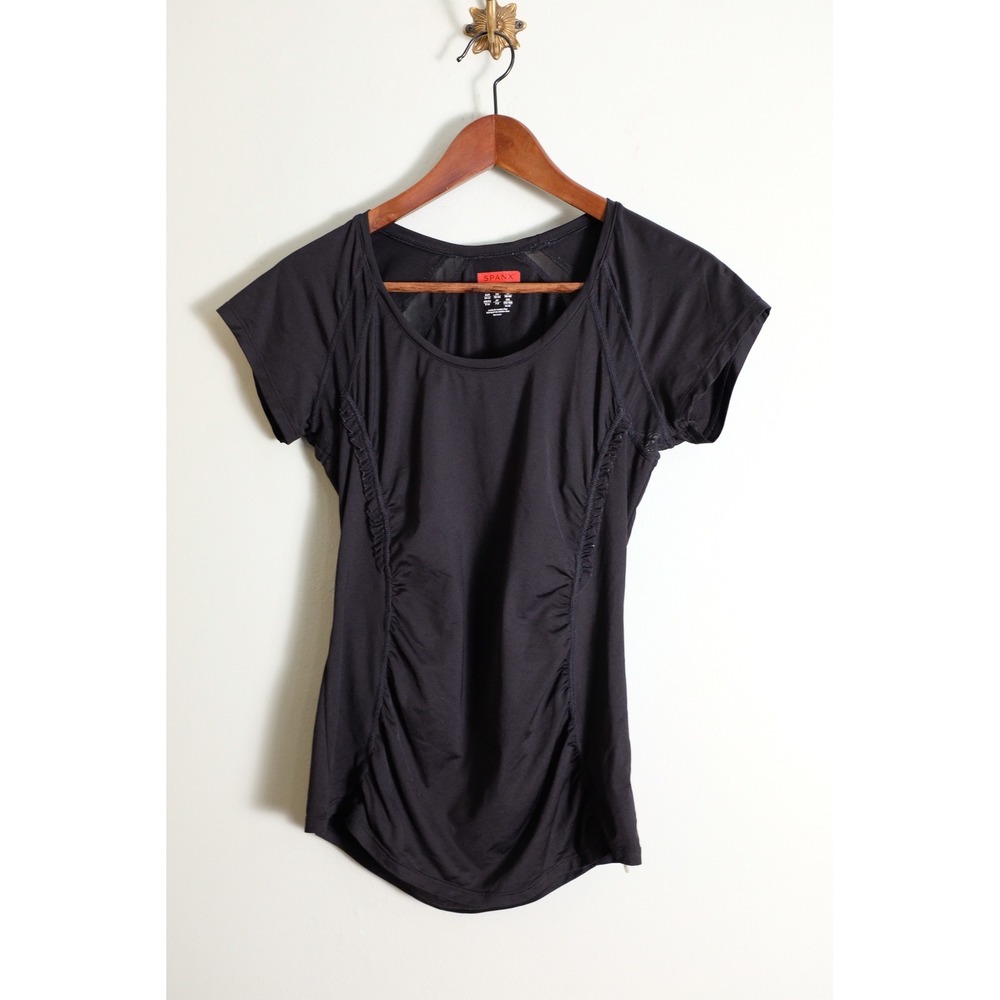 Spanx Active Black Ruched Mesh Short Sleeve Workout Top Small